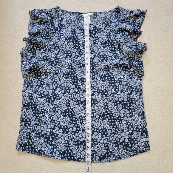 EUC H&M Size 6 Tiered Flutter Sleeve Pullover Chiffon Top Blouse Blue Floral - Picture 6 of 9
